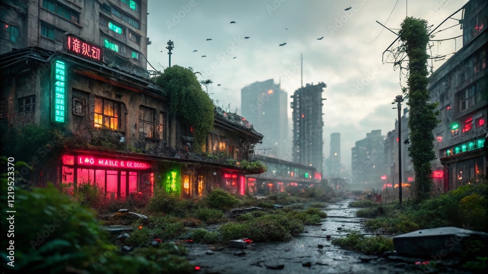 Naklejka premium Surreal AI-Generated Slums: Cyberpunk City Outskirts, Futuristic Poverty