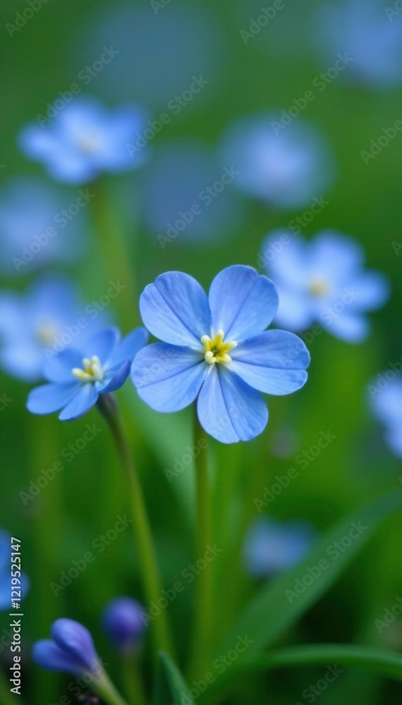 Closeup of tiny blue forget me not flowers on green stems, spring blossoms, small flowers, closeup Closeup of tiny blue forget me not flowers on green stems, spring blossoms, small flowers, closeup