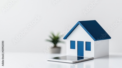 Wallpaper Mural Miniature house model next to a modern tablet on a clean table with a small plant in the background Torontodigital.ca