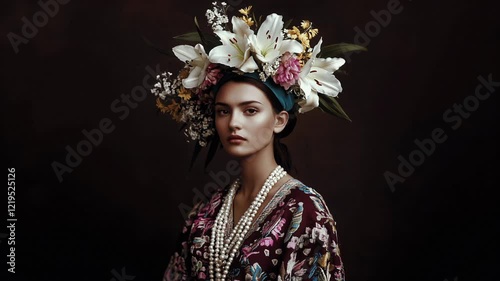 A young woman of Mexican descent wears a vibrant floral headdress and traditional embroidered dress, her serene expression conveying a sense of cultural pride and timeless beauty.  