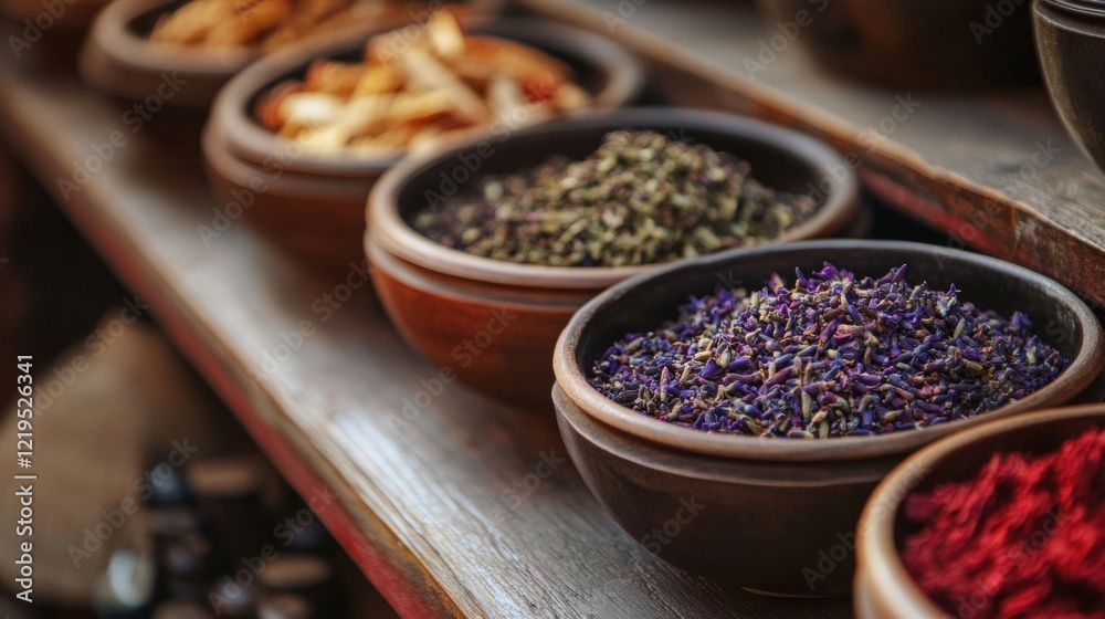 Close-up of spices and herbs in wooden bowls Close-up of spices and herbs in wooden bowls