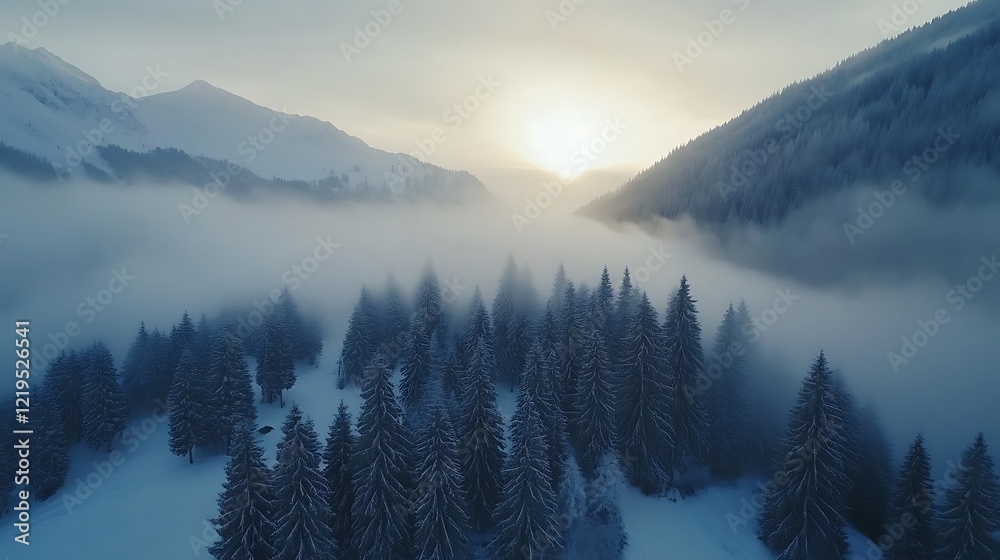 Obraz premium Enchanted Winter Sunrise: Aerial View of Misty Mountain Forest