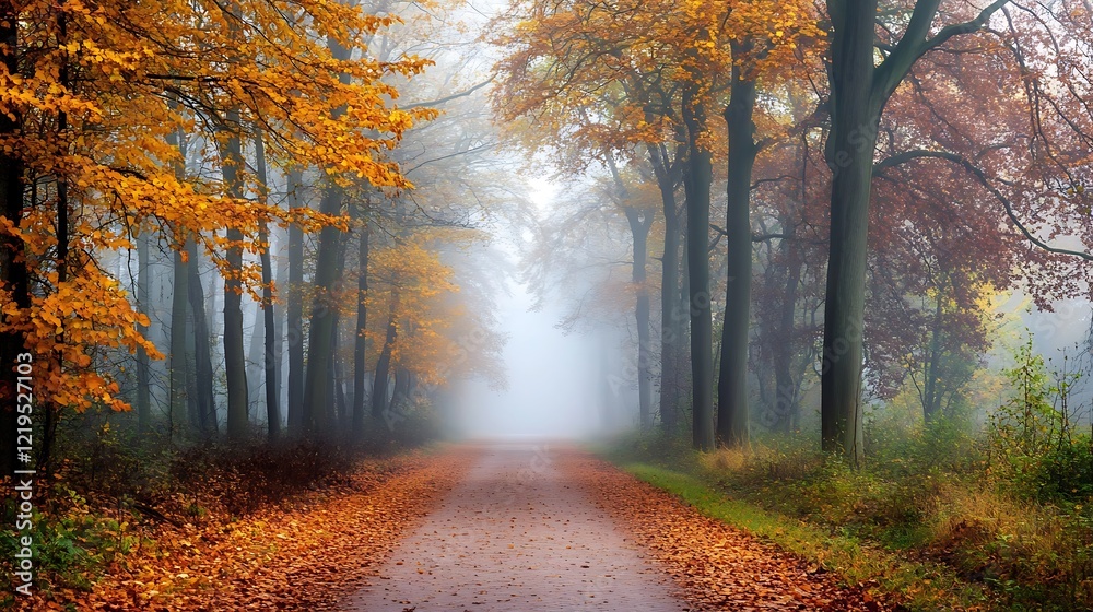 Fototapeta premium Autumnal Path Enveloped in Misty Serenity