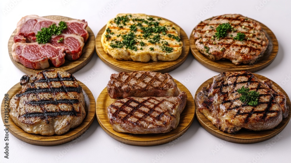 Assorted Grilled Meats on Wooden Platters Assorted Grilled Meats on Wooden Platters