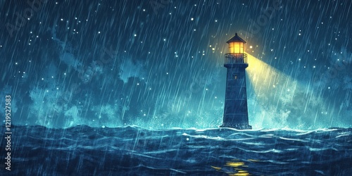 Lonely Lighthouse Stands Strong During Tempestuous Night Rain
