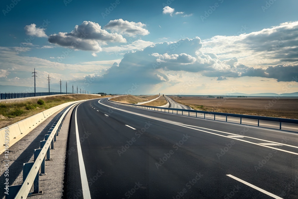 Fototapeta premium Asphalt highway with road markings, a classic road trip backdrop