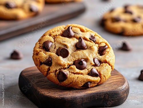 Indulgent chocolate chip cookie macro shot home kitchen food cozy environment close up rich brown textures
