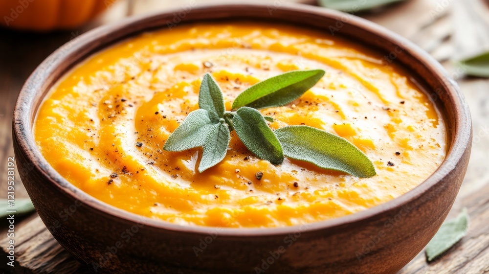 Image of rice and creamy butternut squash soup with sage in a bowl, emphasizing creamy and slightly sweet nature. Ideal for fall meals and vegetarian options. Image of rice and creamy butternut squash soup with sage in a bowl, emphasizing creamy and slightly sweet nature. Ideal for fall meals and vegetarian options.