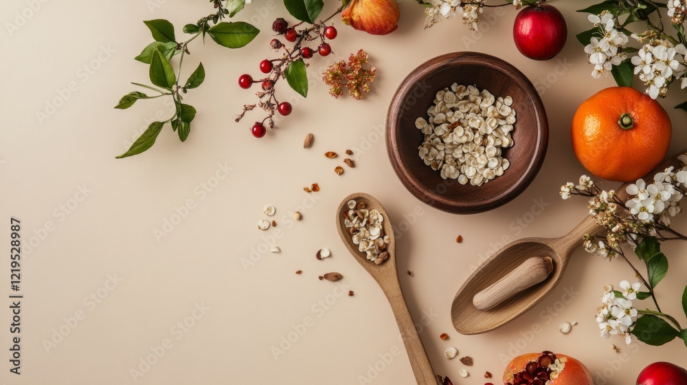 Healthy breakfast spread with fresh fruits and grains