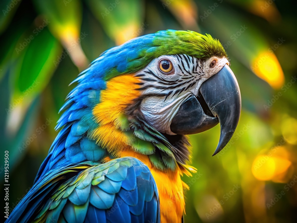 Obraz premium Surreal Close-Up of a Vibrant Macaw Parrot with Blue, Yellow, and Green Feathers – Tropical Bird Stock Photo