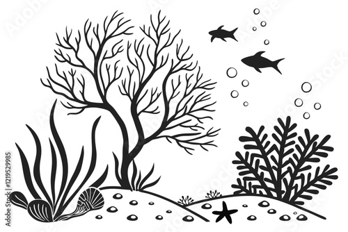 Black silhouettes, coral reef shapes, seaweed patterns, underwater vegetation, marine life forms, organic branching structures, minimalist ocean flora, aquatic plant outlines, abstract sea life, marin