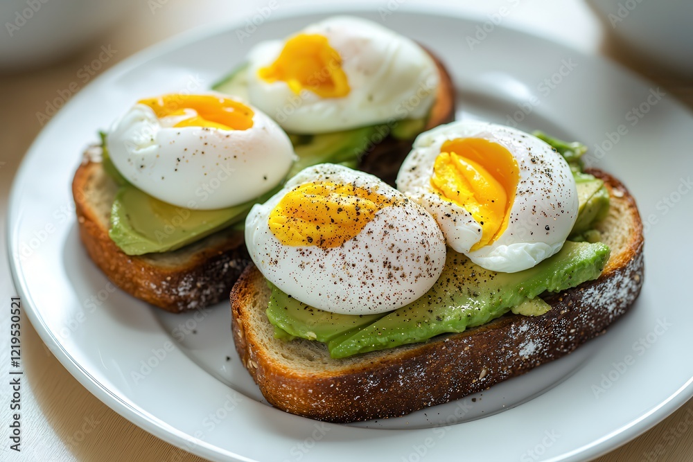 Morning break in a foodie city . Avocado toast topped with poached eggs and seasoning. Morning break in a foodie city . Avocado toast topped with poached eggs and seasoning.