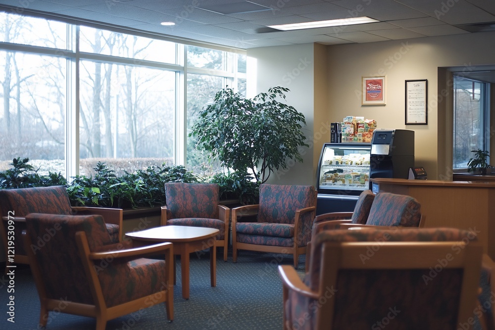 Fototapeta premium A spacious break room with a coffee machine and snack