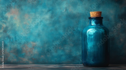Elegant blue glass bottle on textured background