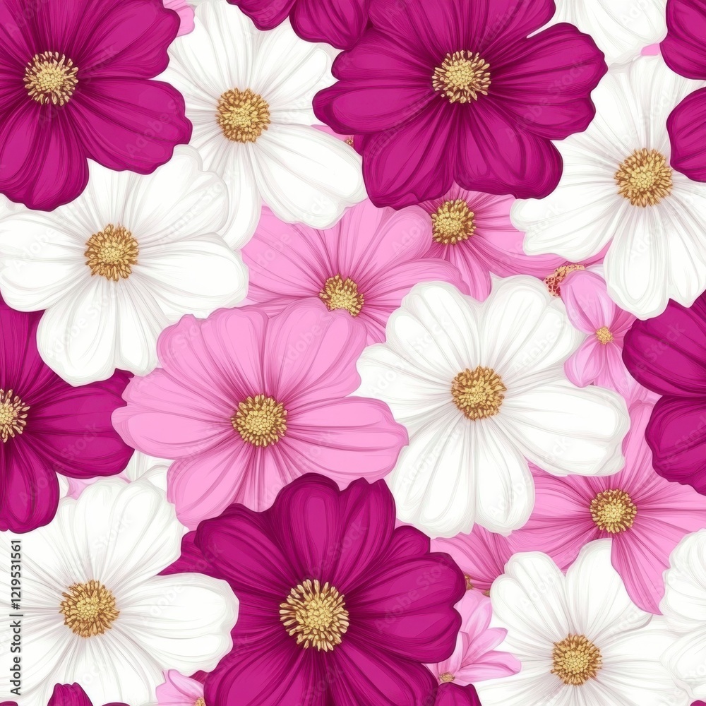 A Seamless Pattern of White, Pink, and Magenta Cosmos Flowers with Bright Yellow Centers on a Background of Overlapping Blooms A Seamless Pattern of White, Pink, and Magenta Cosmos Flowers with Bright Yellow Centers on a Background of Overlapping Blooms