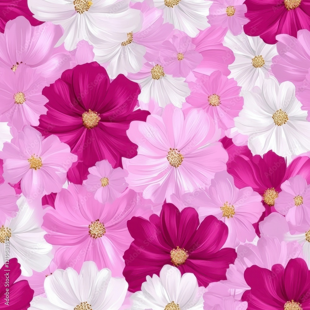 A Seamless Pattern of White, Pink, and Magenta Cosmos Flowers with Bright Yellow Centers on a Background of Overlapping Blooms A Seamless Pattern of White, Pink, and Magenta Cosmos Flowers with Bright Yellow Centers on a Background of Overlapping Blooms