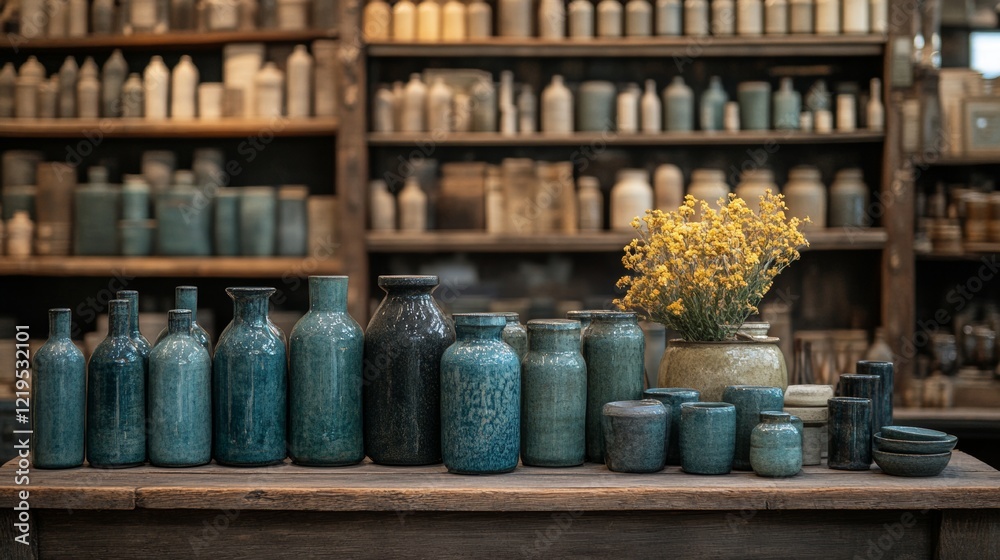 Fototapeta premium Blue ceramic jars on rustic wooden shelves