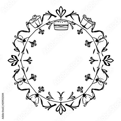 Floral Frame with Cakes and Cupcakes: A Deliciously Artistic Design. Perfect for bakeries, cafes, and dessert lovers.  Elegant and charming, this image is ideal for menus, websites, and social media.