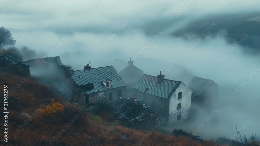 Fototapeta premium foggy rural landscape with rustic houses and greenery