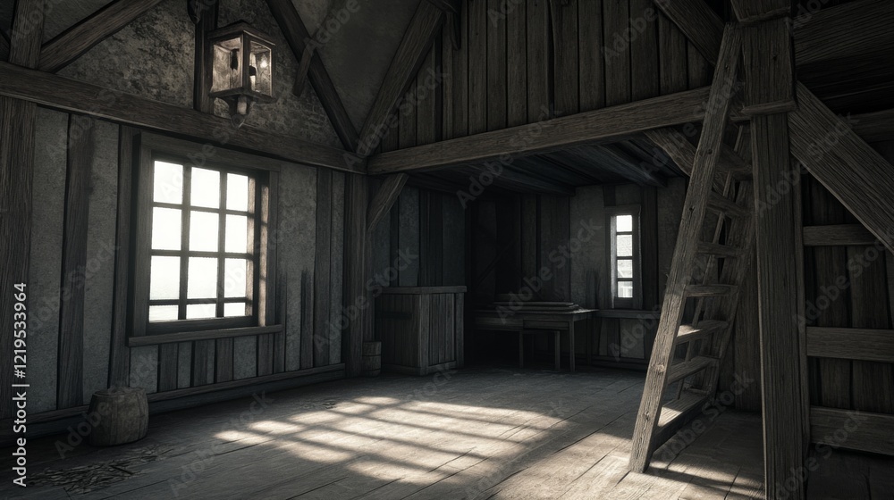 Rustic interior of a wooden cabin with ladder, window, and sunlight. Rustic interior of a wooden cabin with ladder, window, and sunlight.