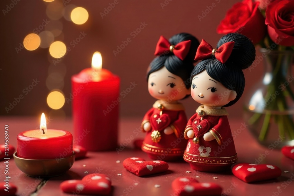 Kokoshis dolls on a decorative table with red candles and hearts, patina, candle, light Kokoshis dolls on a decorative table with red candles and hearts, patina, candle, light