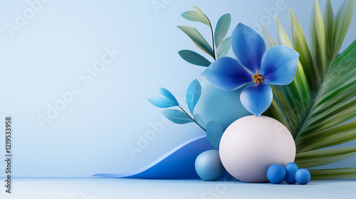 Blue flower is on a white background. Minimalistic blue background.