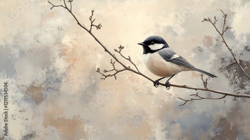 Small bird perched on a snow-covered branch in a peaceful winter setting, illustrated in a classic storybook style