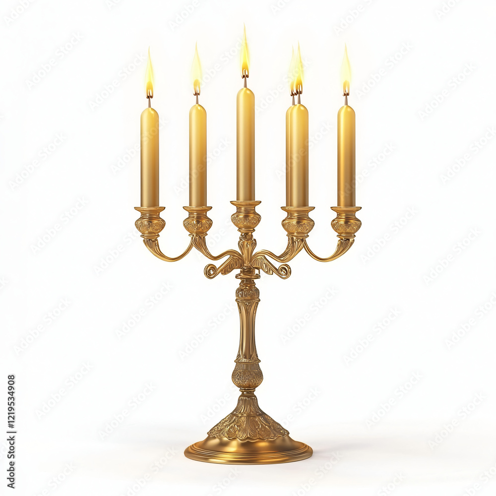 An elegant, antique candelabra, its golden surface reflecting the flickering flames of five candles. It exudes a sense of timeless beauty and sophistication. An elegant, antique candelabra, its golden surface reflecting the flickering flames of five candles. It exudes a sense of timeless beauty and sophistication.