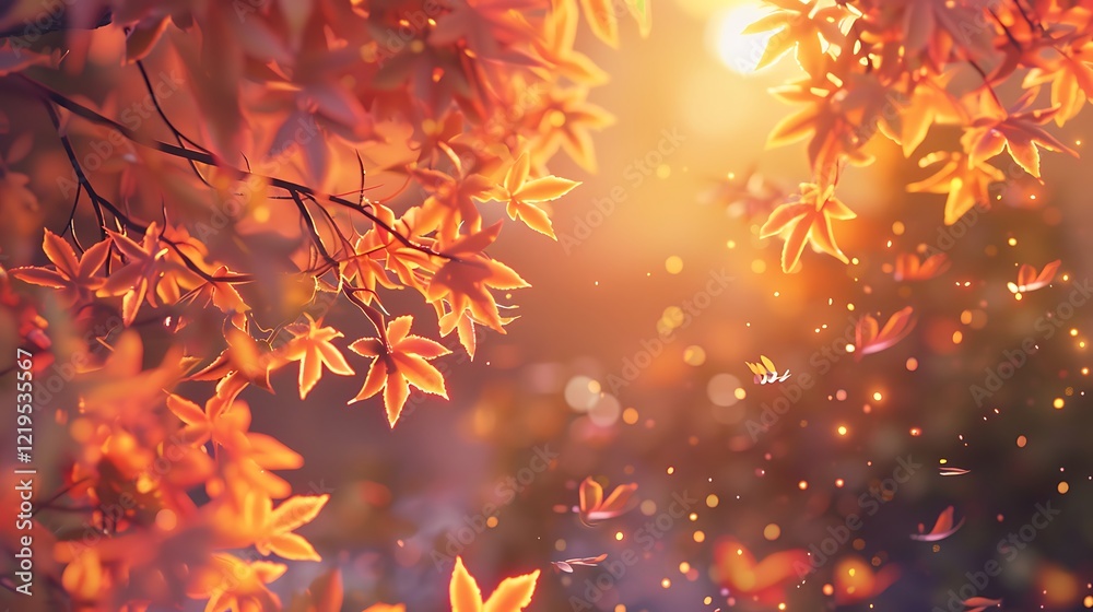 Golden hour lighting on autumn leaves, 35mm, f22, cinematic, wide angle lens Golden hour lighting on autumn leaves, 35mm, f22, cinematic, wide angle lens