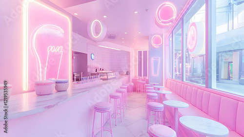 Dreamy Pink Cafe Interior Design with Neon Lights