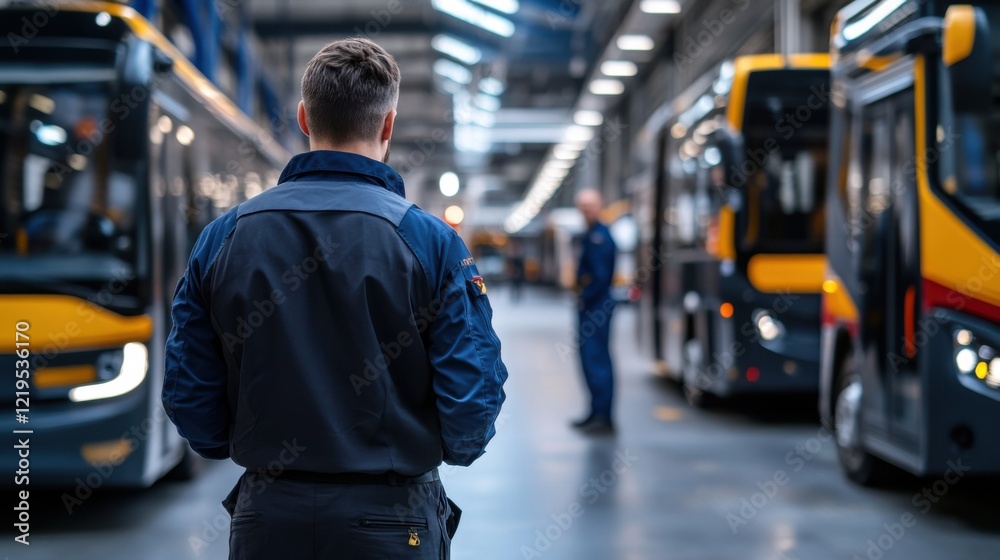 Worker Overseeing Modern Buses in High-Tech Facility with Bright Lighting and Industrial Equipment Worker Overseeing Modern Buses in High-Tech Facility with Bright Lighting and Industrial Equipment