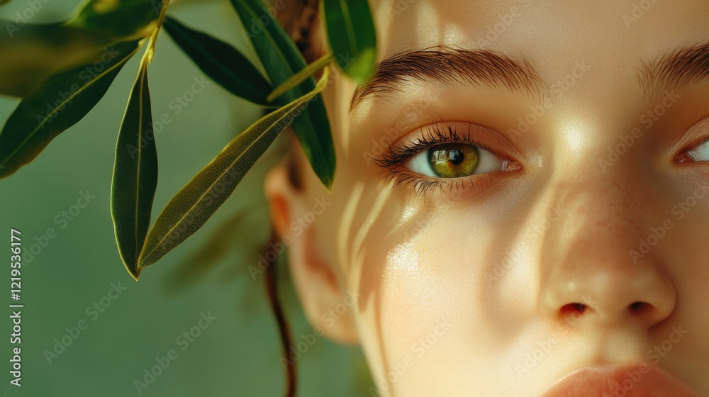 Serene close-up of woman in nature with sunlit leaves casting shadows Serene close-up of woman in nature with sunlit leaves casting shadows