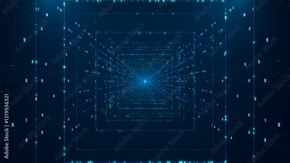 Futuristic wire frame with binary data streams. Bit, big data, zero and one, sequence, program, science, futuristic and technology. 3D animation