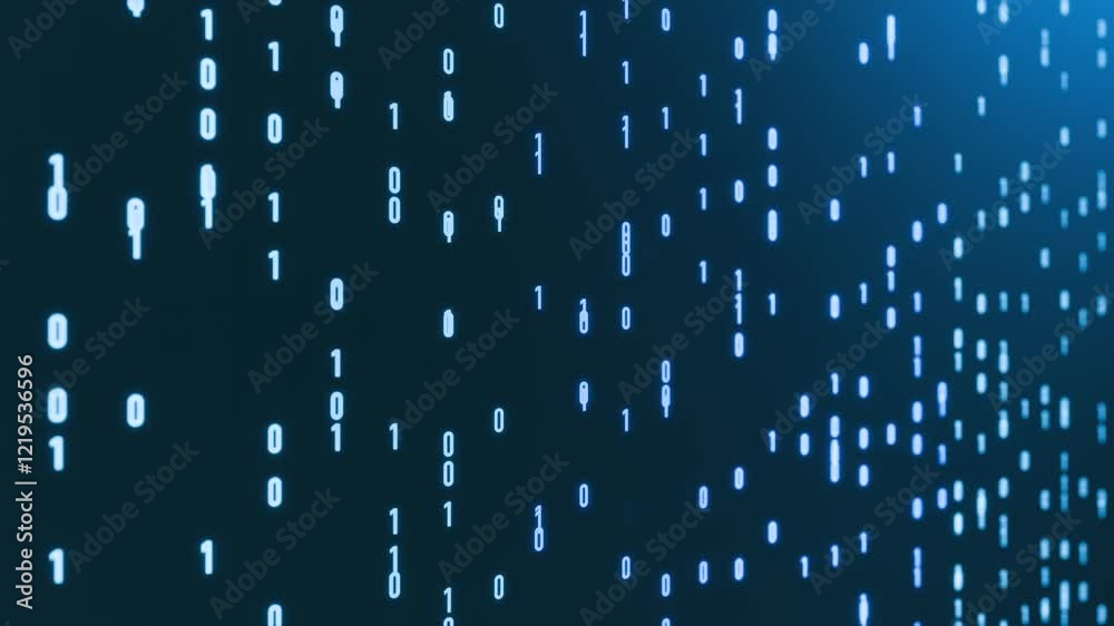 Close-up floating binary code, big data, bit and byte, abstract digital data. Computer language, technology, algorithm, dual, digital assets, system, in order, transfer, processing. 3D animation