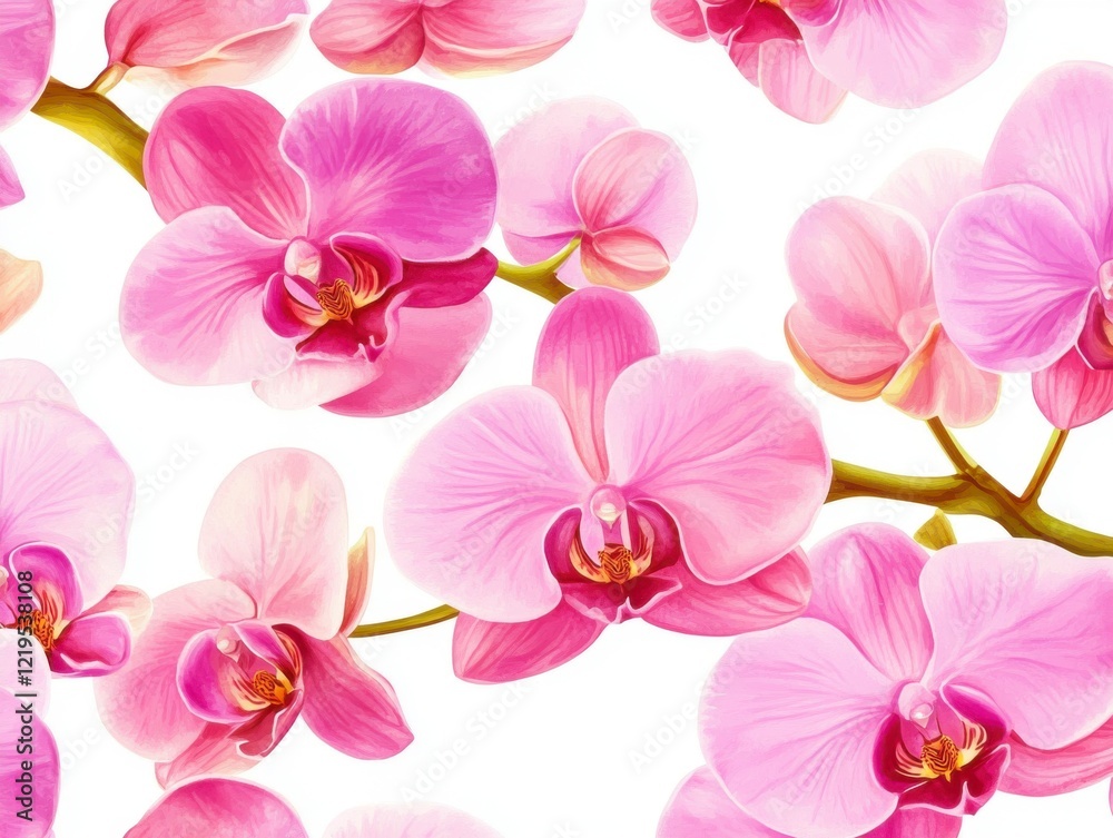 A Seamless Pattern of Light Pink, Pink, and Magenta Orchids with Magenta/Dark Red Centers and Light Brown Stems on a White Background A Seamless Pattern of Light Pink, Pink, and Magenta Orchids with Magenta/Dark Red Centers and Light Brown Stems on a White Background