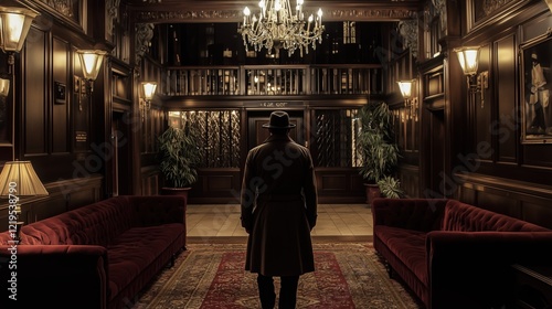 Mysterious Figure in Elegant Lobby