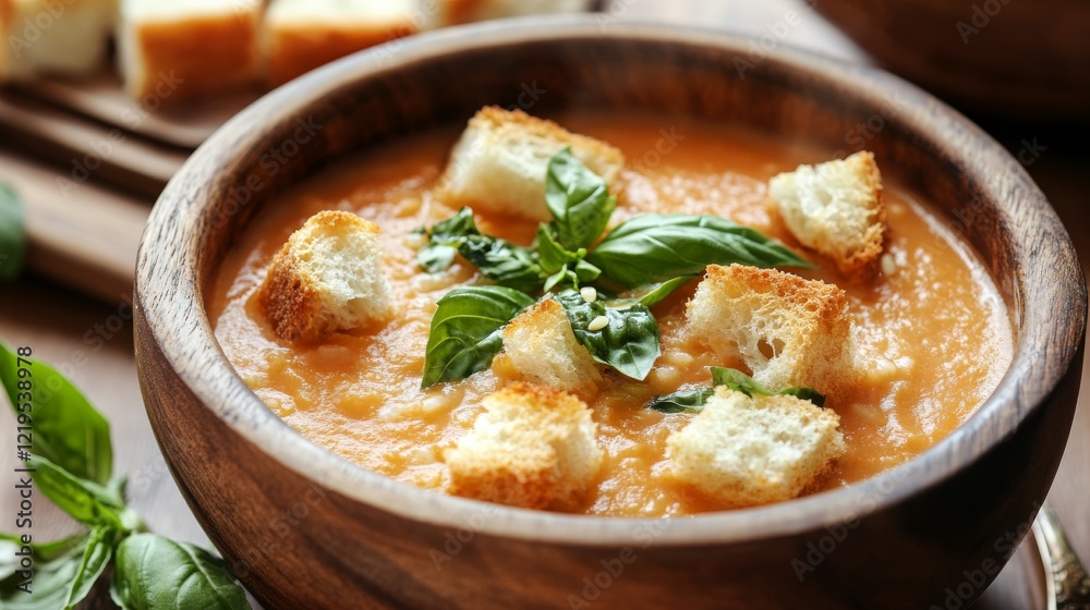 Image of rice and creamy tomato basil soup with garlic croutons in a rustic bowl, emphasizing rich and comforting qualities. Ideal for cozy meals and Italian cuisine. Image of rice and creamy tomato basil soup with garlic croutons in a rustic bowl, emphasizing rich and comforting qualities. Ideal for cozy meals and Italian cuisine.