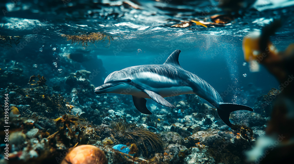 Obraz premium Dolphin swimming gracefully amid underwater rocks and seaweed in a vibrant marine habitat. Generative AI