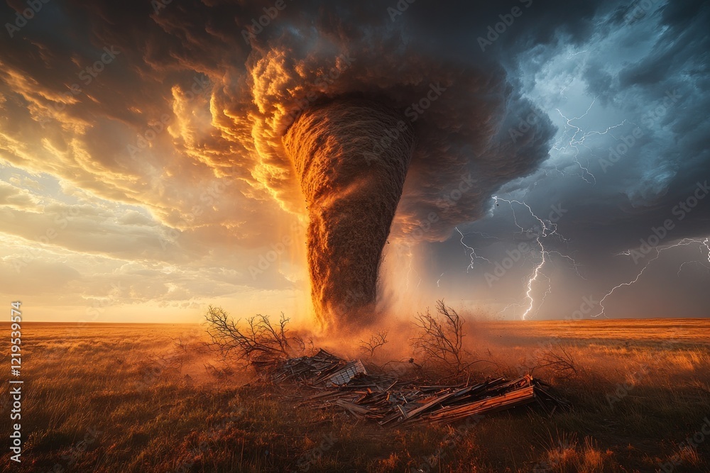 Fototapeta premium Fiery sunset, massive tornado, lightning strikes, debris field.