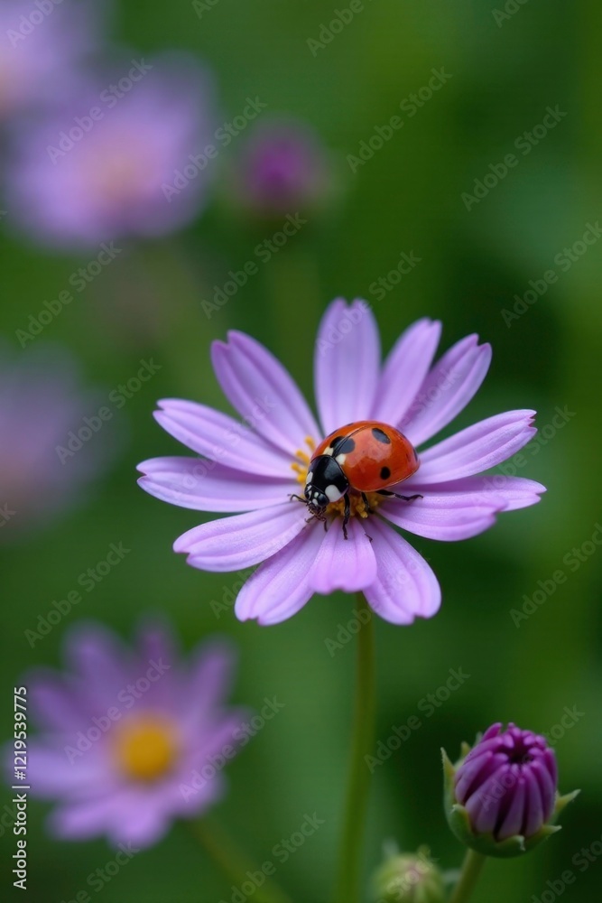 Fototapeta premium Ladybug on a small purple and white flower in high definition, details, closeup
