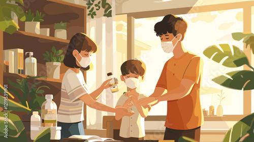 Family Applying Hand Sanitizer Gel to Prevent Coronavirus Transmission and Flu Outbreaks