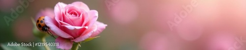 Ladybug resting against the side of a small pink rose, Pastel, Gentle, Smaller bloom