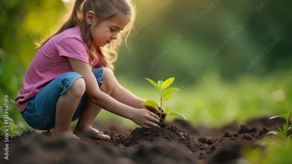 Girl tenderly plants a tree sprout. Congratulation mothers day, birthday, international womens day. Girl tenderly plants a tree sprout. Congratulation mothers day, birthday, international womens day.