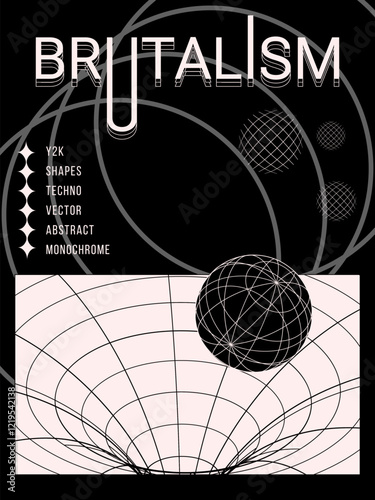 Brutalist Y2K poster with 3D wireframe shapes, cyberpunk banner with geometric elements in psychedelic aesthetic on black background. Rave monochrome composition. Vector illustration.