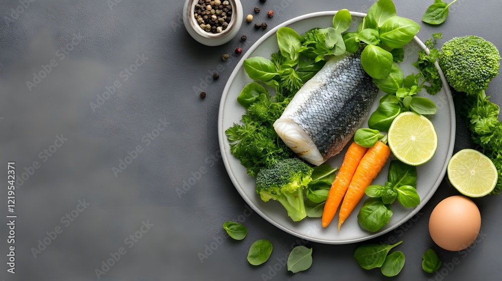 Healthy sea bass dish with veggies, egg & spices Healthy sea bass dish with veggies, egg & spices