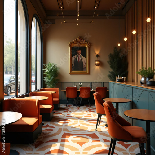 A stylish cafe interior featuring warm orange seating, patterned flooring, and classic artwork