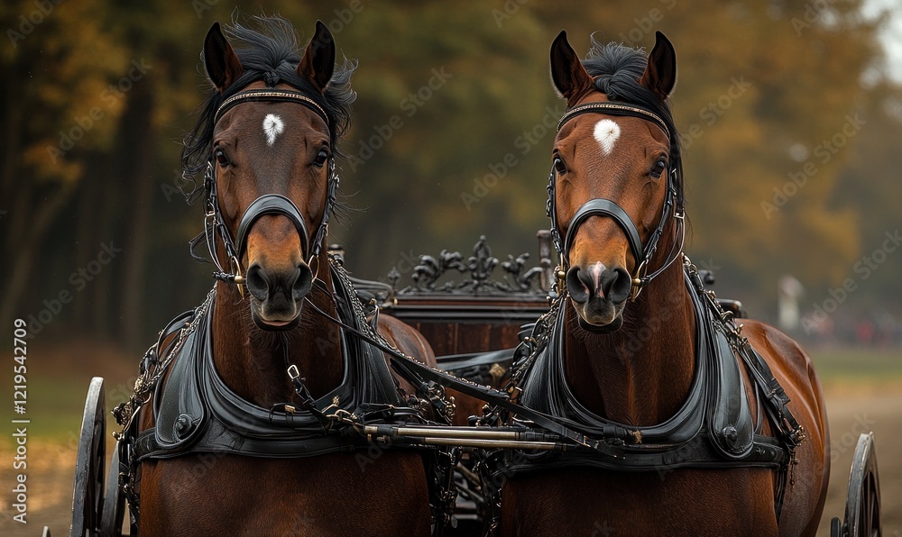 Obraz premium Two harnessed brown horses, elegant carriage.
