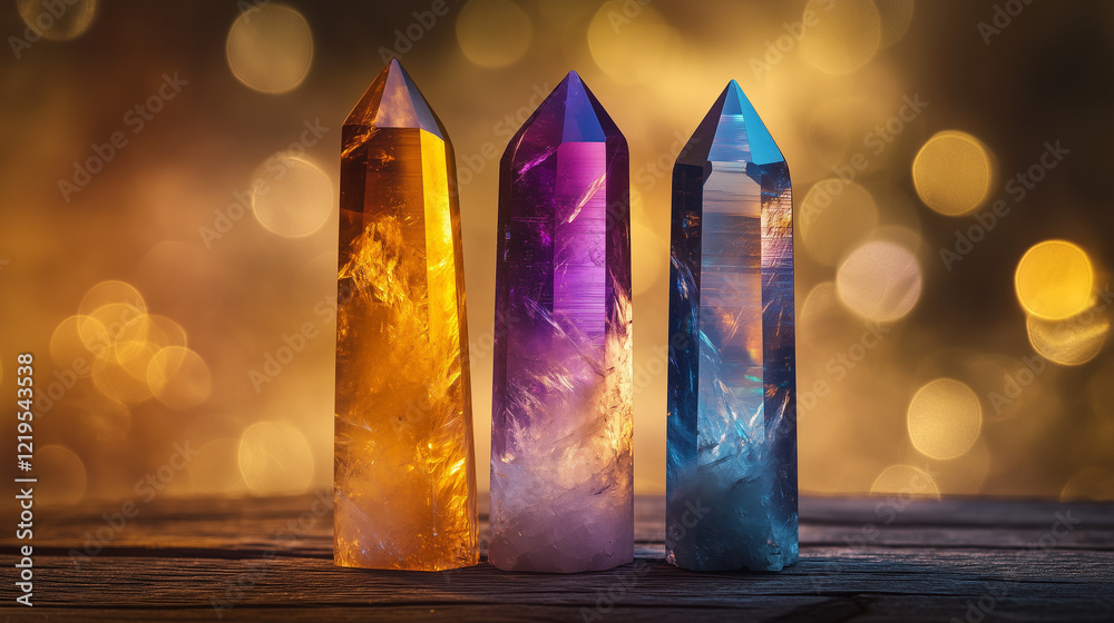 Crystals. A mesmerizing close-up of colorful quartz crystals glowing with warm bokeh lights in the background. Crystals. A mesmerizing close-up of colorful quartz crystals glowing with warm bokeh lights in the background.
