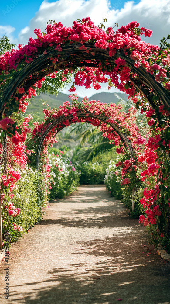 Fototapeta premium Blossoming archway leads through vibrant flower garden in sunny afternoon light. Generative AI
