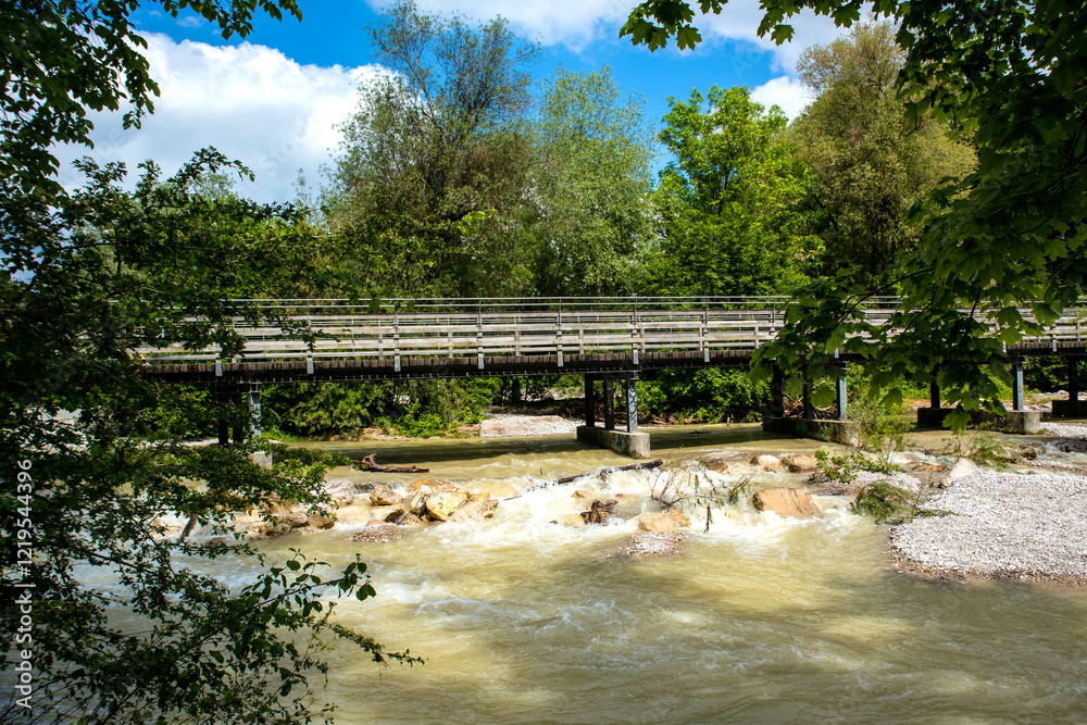 Fototapeta premium Isar river hike in Munich, Munich Way of St. James, Bavaria, Germany